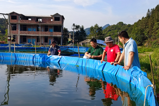 指导村民如何开展陆基圆池流水养殖罗非鱼和鲤鱼。彩神IV-追求健康你我一起成长供图